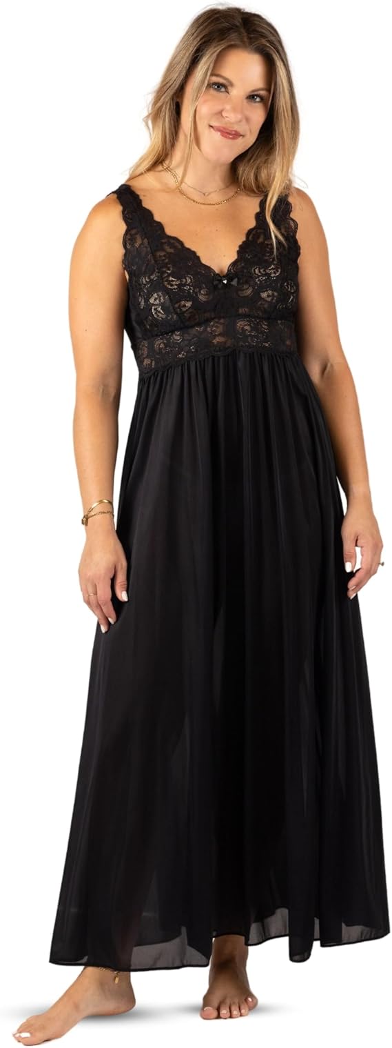 Shadowline Womens Silky Lace Bodice Nightgown Flowy Sleeveless Sleepwear