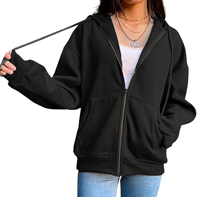 Meladyan Women Aesthetic Oversized Zip Up Hoodie Solid Fleece Long Sleeve Kangaroo Pocket Sweatshirt Jacket Pullover Black