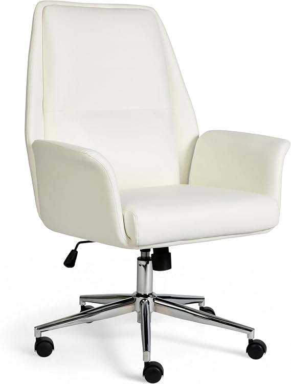 Martha Stewart Maxine Swivel Task Chair with Flared Armrests for Home Office in White Faux Leather with Polished Nickel Frame