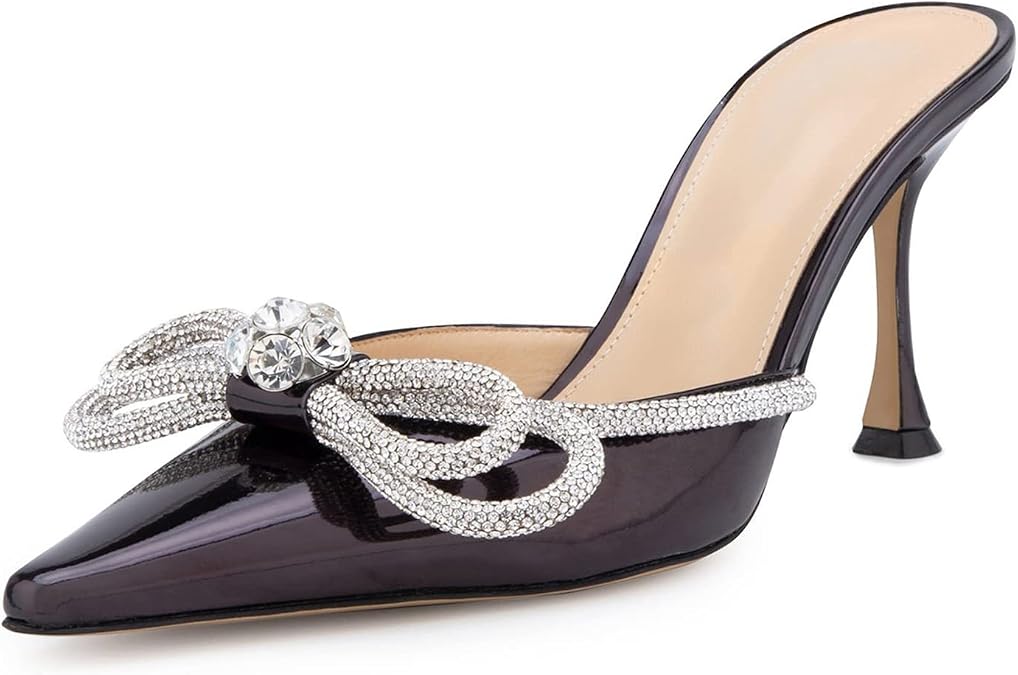 LauraVicci Women High Heeled Mules Pointed Toe Crystal Rhinestones Bow Sandals Stiletto Backless Slip on Summer Bridal Shoes Black Size 12