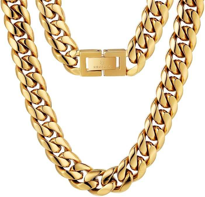 KRKC&CO Cuban Link Chain, 18K Gold Plated, Men's Gold Chain Men's Necklace Chains, 8mm 10mm 12mm Hip Pop Miami Cuban Chain Thick Curb Chains