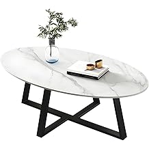 Oval Stone Top Coffee Cocktail Table with Cross Base Slab Coffee Table Marble Coffee Table Small Apartment Oval Tea Table Black Table Top Table Base(White+Black,47" L x 24" W x 18" H)