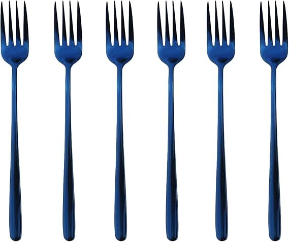 Shiny Blue Dinner Fork, 304 Stainless Steel Mirror Finish Silverware Flatware Fork Set, Service for 6, Dishwasher Safe