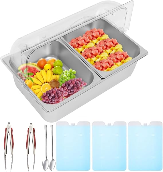 Countertop Ice Food Serving Display Container, 2 Compartments Condiment Dispenser with Lid, 2 Pans, 2 Clamps, 2 Spoons and Ice Packs, Condiment Tray with Ice Chamber for Buffet Restaurant Kitchen