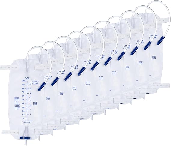 10pcs 1000ML Urinary Drainage Bag, External Condom Catheter for Men, Urine Bag with Anti Reflux Chamber, Urine Drainage Bags with 45cm Tube, Individually Sealed Urinal Night Bags