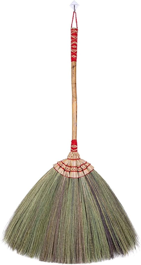 (Tiny Size) 23 inch Overall Tall x 16 inch Width of Asian Hand Broom Tiny Whisk Broom Bamboo Stick with Embroidery Woven Nylon Thread top and Bottom Handle Red or Green Color on Random
