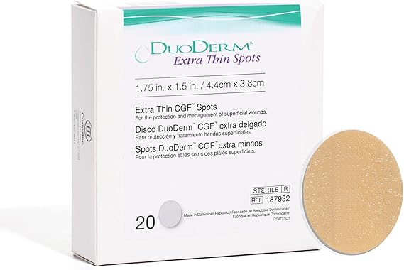 ConvaTec DuoDERM Extra Thin Control Gel Formula 1.75"x1.5" Hydrocolloid Sterile Adhesive Dressing for Superficial Wounds, Low Friction, Flexible, Latex-Free, Waterproof, Spot, Beige, 20ct Box