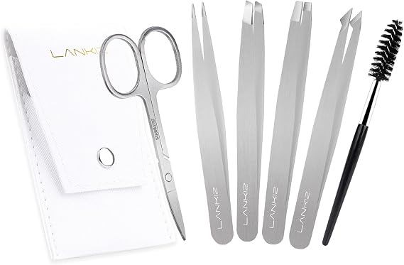 LANKIZ Tweezer Set, 6 Pcs Eyebrows Tweezers Set with Travel Case Professional Stainless Steel Tweezers for Women & Men, Great Precision for Eyebrow, Ingrown Hair, Facial Hair Removal - Sliver