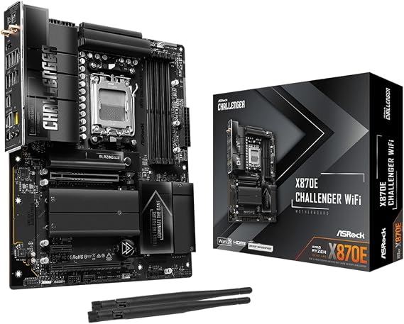 ASRock X870E Challenger WiFi ATX Motherboard, Supports AMD Ryzen 9000/8000/7000 Series, DDR5 8200+ (OC), PCIe 5.0, Dual USB4, Wi-Fi 7, 5G LAN, 20+2+1 Phase 110A SPS