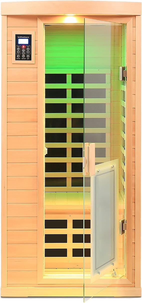 Far Infrared Sauna 1 Person Infrared Home Sauna Room 0-5mG Utra Low EMF Home Sauna Spa 1460W Canadian Hemlock Wooden Indoor Dry Sauna with Door Heating Plate, 2 Control Panels