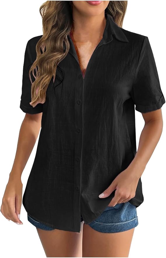 Women Linen Button Down Shirt Rolled Cuffed Short Sleeve Blouse Ladies Summer Casual V 3pk Womens Relaxed Fit