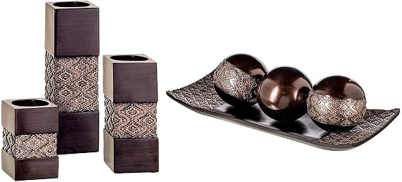 Creative Scents Dublin Brown Home Decor Tray and Set of 3 Orbs Balls With Tealight Candle Holders - Centerpieces for Living or Dining Room, Coffee Table, Mantle, Fireplace, or Entrance