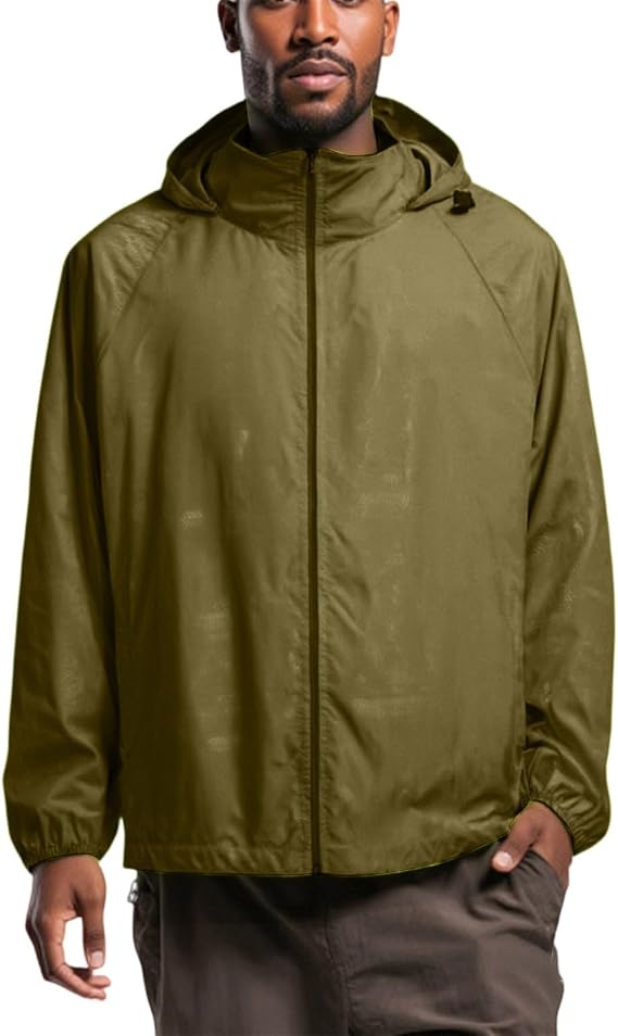 Rain Jacket Mens Lightweight Long Sleeve Zipper Hooded Packable Lightweight Windbreaker Waterproof Travel Raincoat