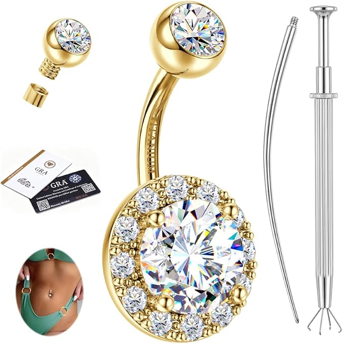 FIASASO Moissanite G23 Titanium Belly Button Ring - 18K Gold Plated Belly Rings Hypoallergenic Titanium Internally Threaded Belly Button Piercing Moissanite Navel Piercing Jewelry for Women D Color VVS1 Clarity Brilliant Cut