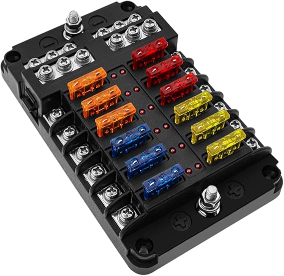 Geloo 12 Way Fuse Blocks 12 Volt Automotive, Marine Fuse Block | with LED Indicator, ATC/ATO Waterproof Blade Fuses Box, Boat Fuse Panels Fuse Holder for Marine