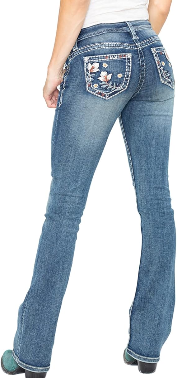 QJBMEI Women's Jeans Feather Flower Embroidery Mid Rise Stretchy Bootcut Slim Wide Leg Pants