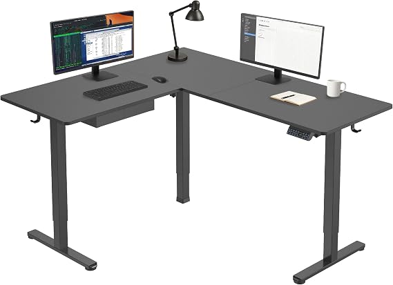 Mount-It! L Shaped Electric Standing Desk - Large Dual Motor Corner Height Adjustable Sit Stand Workstation Height Range 28.3-46.5", 3 Memory Settings, Steel Legs, Black Steel Frame, Black Tabletop