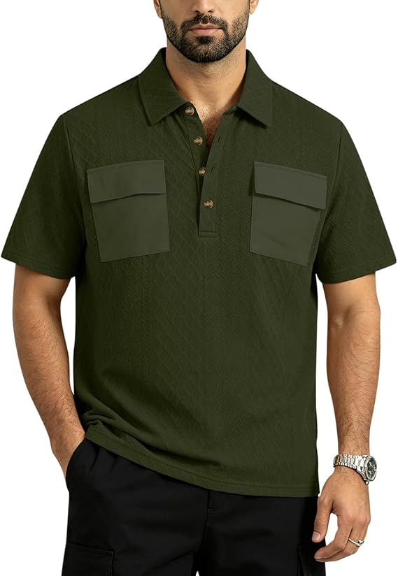 Men Short Sleeve Shirt with Dual Chest Flap Pockets Button Front Classic Fit Soft Breathable Fabric Top