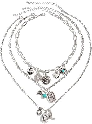 Western Turquoise Layered Chain Necklaces Cowgirls Boot And Hat Charms Boho Jewelry Gifts for Women Cowgirls Accessories-3Pcs Silver
