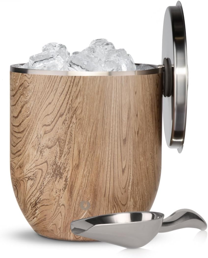 SNOWFOX Premium Vacuum Insulated Double Wall Stainless Steel Ice Lid/Scoop Bar Accessories-Large Elegant Party Bucket-Chills Several Bottles-Beautiful Entertaining, 3 Liters, Natural Teak