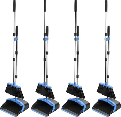 Broom and Dustpan Set, 52-in Long Adjustable Handle Broom Dustpan Combo with Dust pan Teeth to Automatically Clean Hair Suitable for Home Kitchen Office Hall Floor Black&Blue, 4 Pack