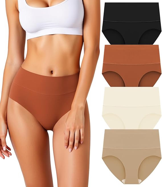 Womens High Waisted Underwear Seamless No Show Briefs Full Coverage Stretch Ladies Panties 4 Pack