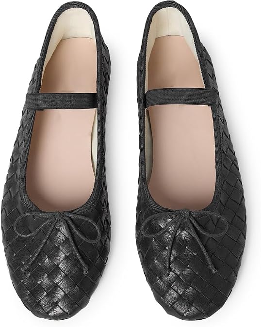 Womens Black Woven Ballet Flats with Bow Round Toe Slip on Mary Jane Flats Ladies Fashion Elastic Strap Ballerina Shoes Size 8