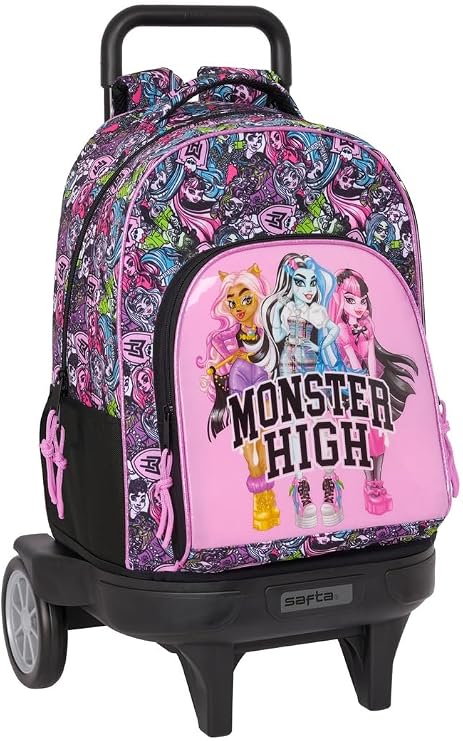 Safta Monster High Drama – Large Backpack with Wheels, Compact Evolution, Removable, Ideal for Children of Different Ages, Comfortable and Versatile, Quality and Resistance, 33 x 22 x 45 cm,