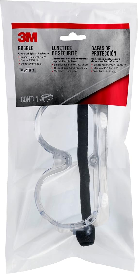 3M Chemical Splash Goggles, Impact Resistant, 99.9% UV Block, Scratch Resistant, Adjustable Fit (91252H1-DC-10)