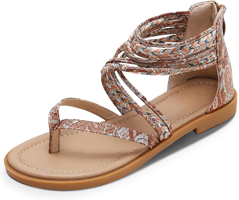 FRALOSHA Womens Sandals Summer Flat Thong Cross Strappy Beach Gladiator Shoes with Zipper