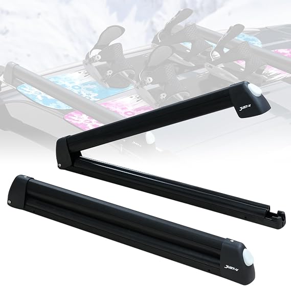 Just-V 33'' Aluminum Universal Ski Roof Rack Car Rack Carrier for Skis, Snowboards, Fishing Rods, Skateboards Easy to Use, Locking Fit Most Vehicles Equipped Crossbar (Black)