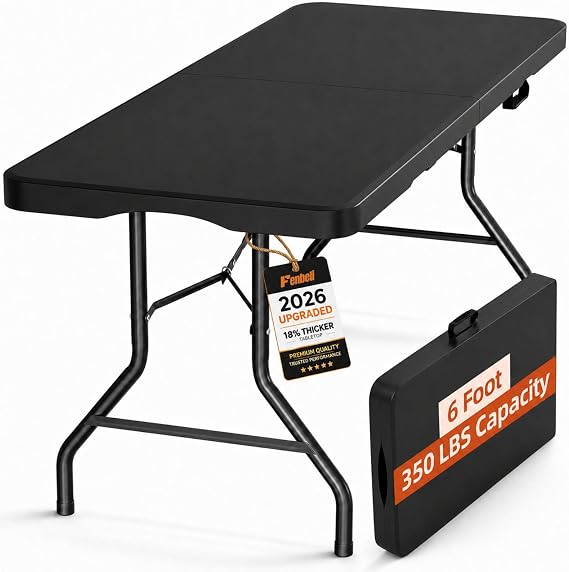 Fenbeli 6FT Folding Table, 18% Thicker HDPE Top, Fold-in-Half Design, Black