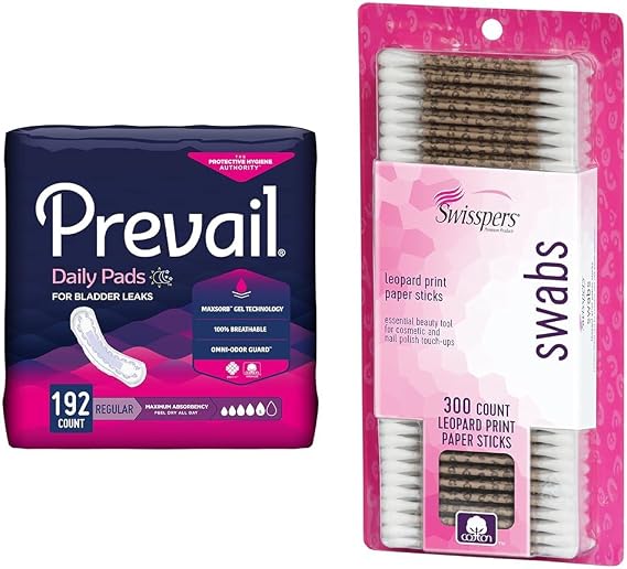 Prevail Bladder Control Pads for Women, 192 Count & Swisspers Premium Cotton Swabs, 300 Count