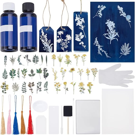 WEBEEDY 45 Pcs Cyanotype Kit Include 10 Sheets A5 Cyanotype Paper,10 Pcs Bookmark,25 Pcs Blank Labels for Adults Beginners,Sun Print Paper Kit Nature Drawing Printing for Leaves and Flower Press