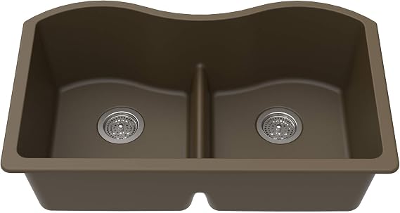 Winpro New Mocha Granite Quartz 33" x 22" x 10", 50/50 Double Bowl Undermount Sink with Aqua Divide