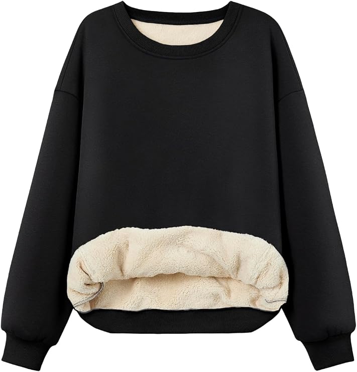 Trendy Queen Womens Fleece Sherpa Lined Sweatshirt Crewneck Winter Pullover | Fall 2026 Outfits, Casual Relaxed Fit, Everyday Fashion Staple, Solid Color Clothing, Basic Long Sleeve, Thick Warm Interior