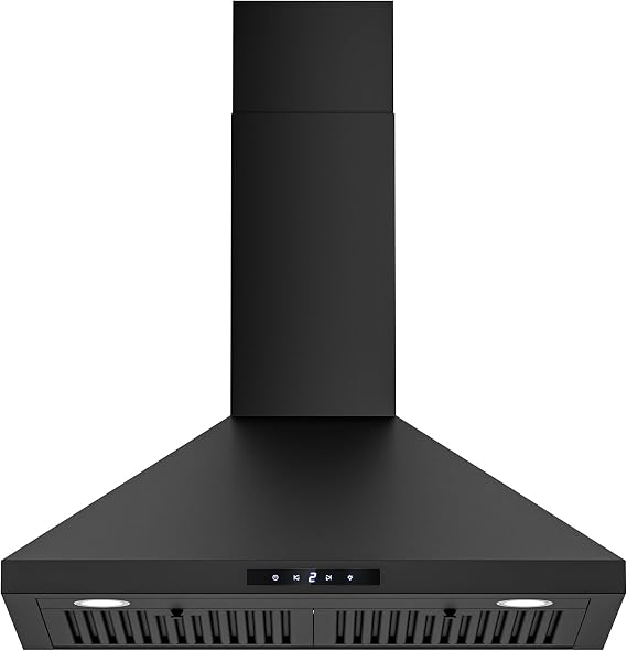 FIREGAS Black Range Hood 30 inch, Convertible Wall Mount Range Hood with Brushless Motor, 450 CFM, 9 Speed Fan, Soft Touch Controls, Permanent Filters, LED Lights, Charcoal Filter included