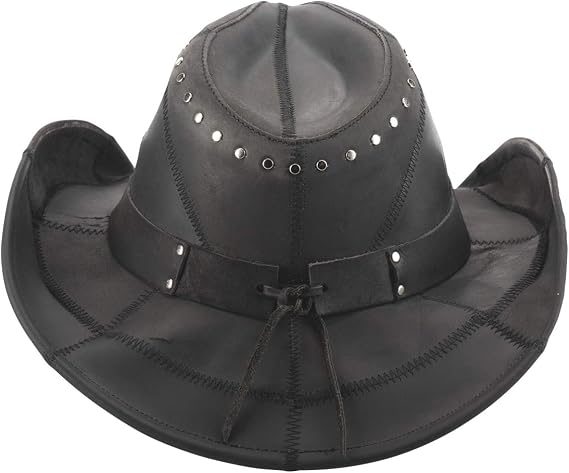 Bullhide Hardtail Leather Cowboy Hat - Leather Western Hat, Wide Brim, Pinchfront Crown, Studded Skull, Biker Cowboy Hat Summer Hat for Men Black