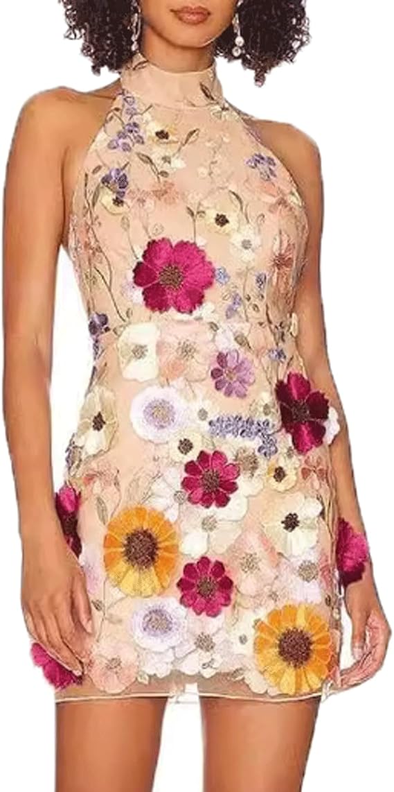 Women's Embroidered Three-Dimensional Floral Halter Thin Dress Small Dress Hip Skirt Backless Dress