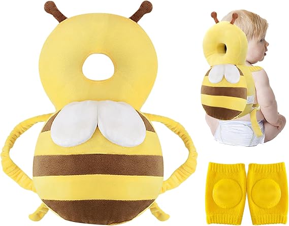Baby Head Protector Backpack, Baby Head Protection Backpack, Knee Pads for Crawling, Protection Safety Pads for 4-24 Months Toddler Baby Learning Walking Crawling (Cute, Yellow)