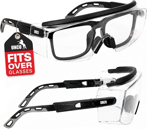 UNCO- Safety Goggles Over Glasses with Clear Wraparound Lens, Black Arms, Safety Glasses Over Eyeglasses