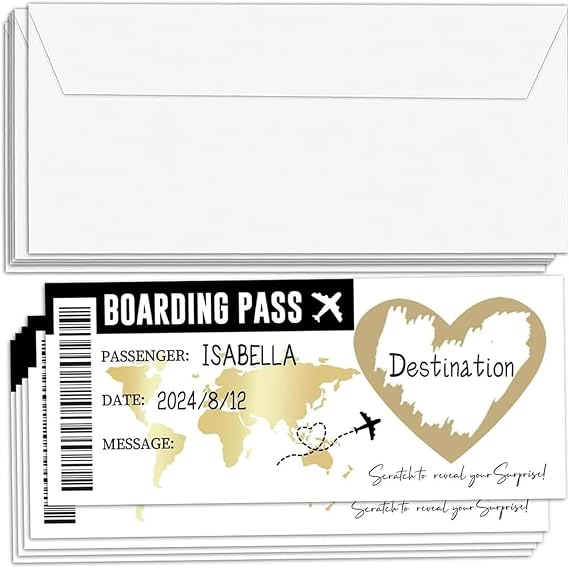 5 Pcs Holiday Scratch Card Reveal, Boarding Pass Scratch Card with Golden Ticket Scratch Off for Surprise Trip Reveal, Personalised Holiday Announcement Gift with Envelopes for Lover, Spouse and Famil