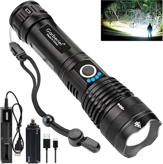 Garberiel XHP70 Rechargeable LED Flashlights, High Powered 90000 Lumens Super Bright Flash Light Waterproof Flashlight Handheld Torch with 5 Modes for Camping Hiking Emergencies