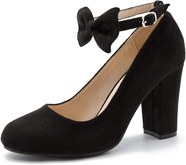 MAIERNISI JESSI Women's Bow Ankle Strap Pumps, Closed Round Toe, 3.5 Inch Heel, Mary Jane Dress Shoes