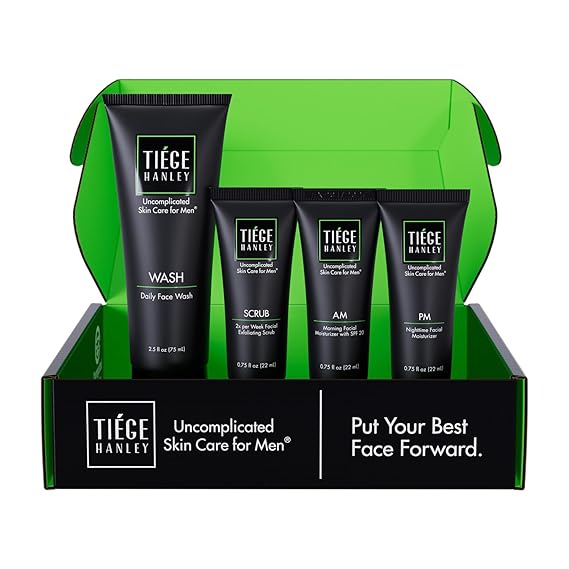 Tiege Hanley Skin Care Set for Men, Essential Routine, System Level 1, Daily Face Wash, Facial Scrub, Moisturizer With SPF, and Night Cream for Healthy, Hydrated Skin, Mens Skin Care, 4 Piece Kit
