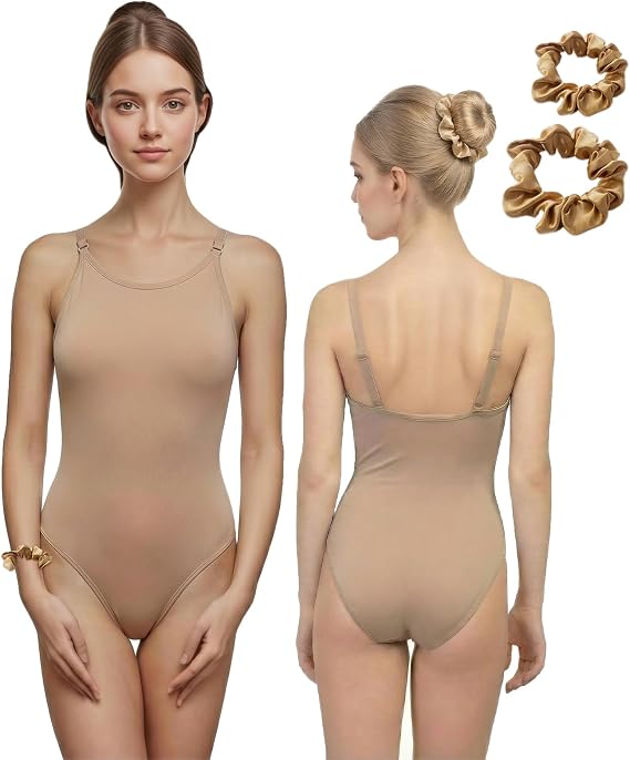Gymnastics Leotards for Girls Women, Nude Seamless Camisole Leotard with Adjustable Strap and Clear Strap for Ballet Dance, Dancewear Undergarment Costume with hair band for Kids Adults