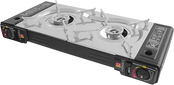 2-Burners Portable Camping Stove, with Baking Pan, Butane Camping Stove, with Case, Double Auto Ignition Camping Burner, for RV, Apartments, Outdoor, Etc