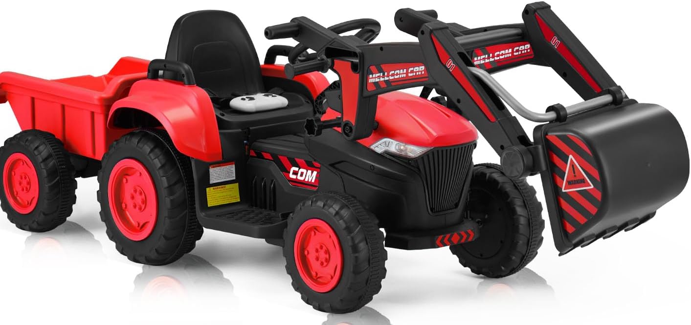 MELLCOM Ride on Excavator, 12V Battery Powered Bulldozer Ride on Construction Vehicles with Trailer, Kids Car with Parent Remote, Ride on Toys with Digger, Horn, Lights, Music Player, Safety Belt, Red
