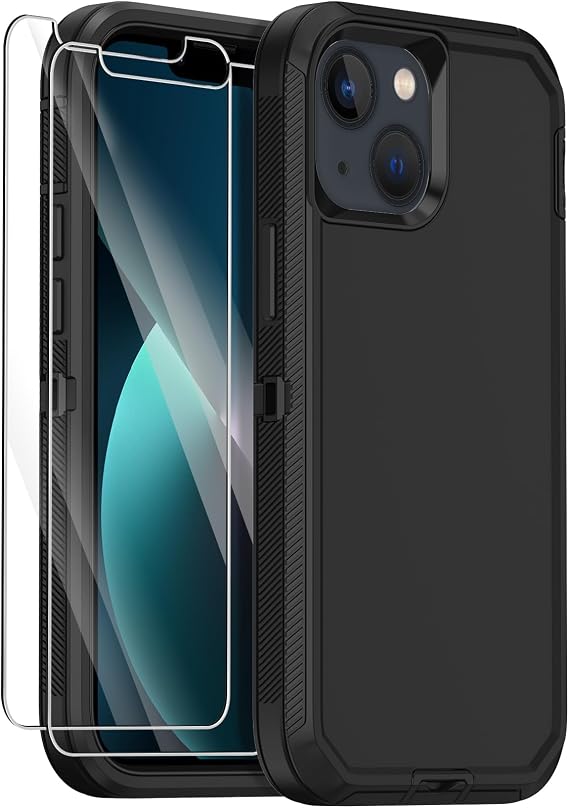 for iPhone 13 Case with 2 Screen Protector,Shockproof Drop Protection Full Body Heavy Duty 3 Layer Military Rugged Durable Phone Cover for Apple iPhone 13 6.1" (Black)