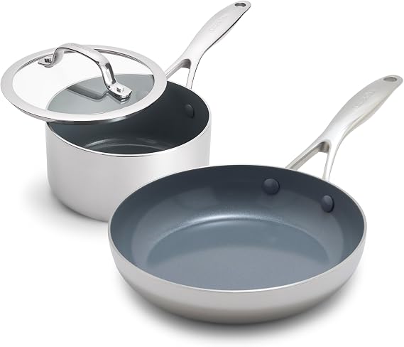 GreenPan Valencia Pro Stainless Steel 1.5QT Saucepan with Lid and 8 Frying Pan Skillet, Induction Mirrored Tri-Ply, Ceramic Nonstick PFAS-Free Coating, Induction, Dishwasher Safe, Oven &Broiler Safe